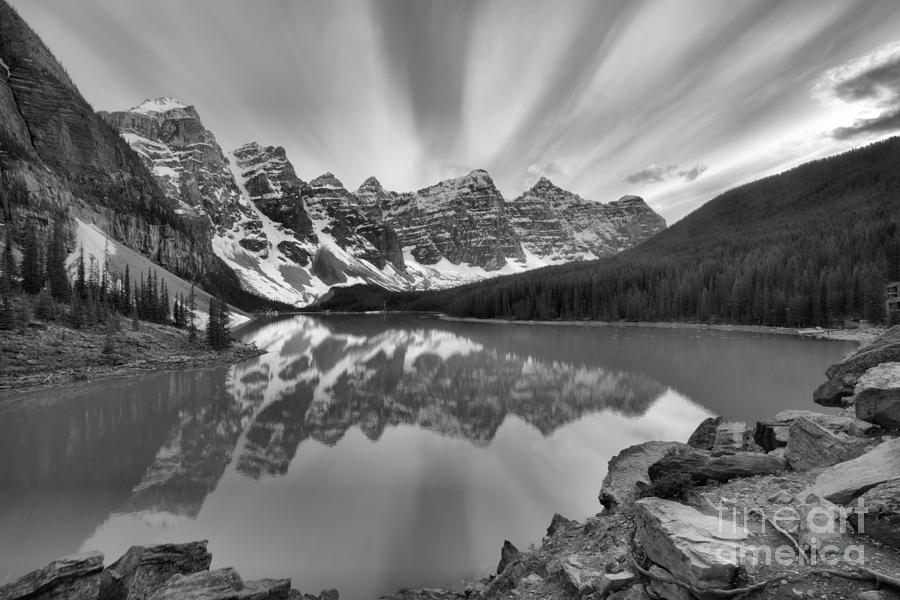 Sunset Skies Over Moraine Lake Black And White Photograph by Adam Jewell