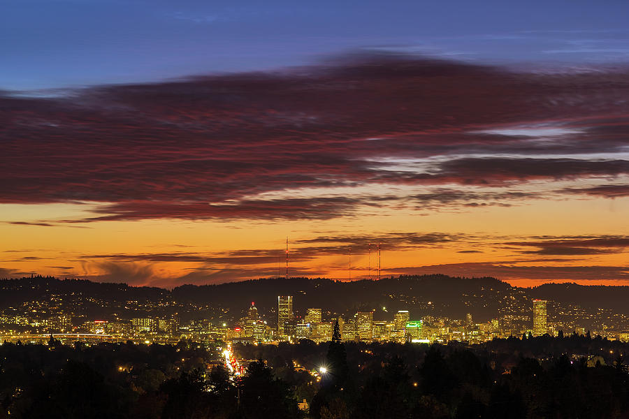 Sunset Sky over Portland Oregon City Skyline Photograph by David Gn