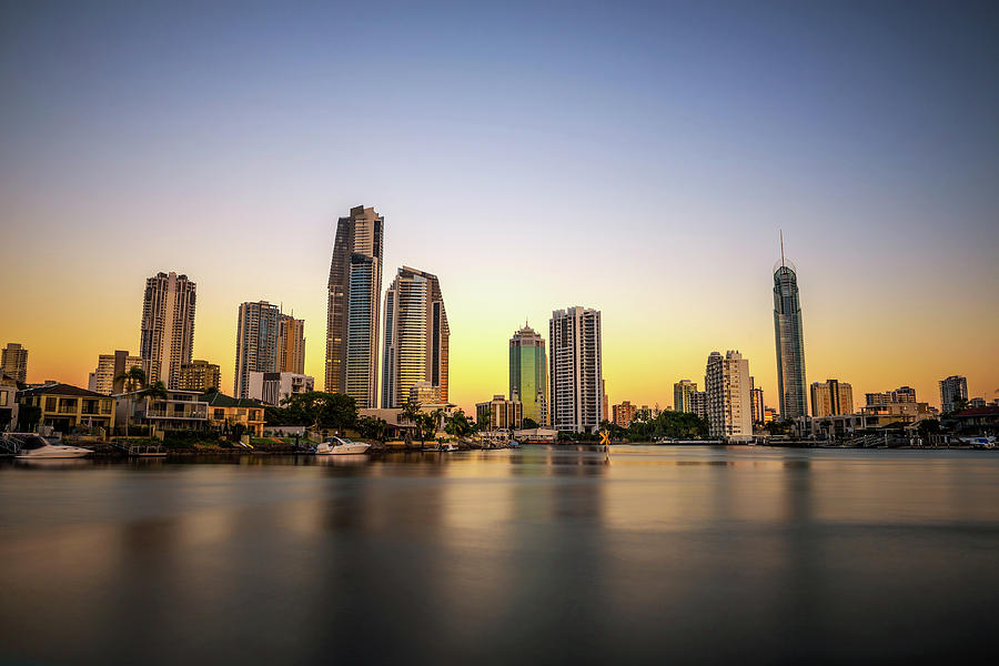 Sunset skyline of Gold Coast downtown in Queensland, Australia ...