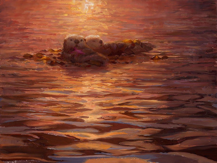Sea Otters Floating With Kelp at Sunset - Coastal Decor - Ocean Theme - Beach Art Painting by K Whitworth