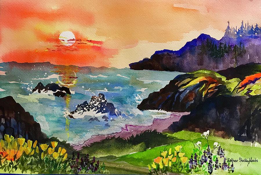 Sunset Sonoma coast  Painting by Esther Woods