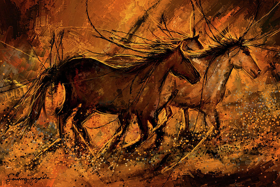 Sunset Stride - Horses In The Wild Sepia painting Painting by Lourry Legarde
