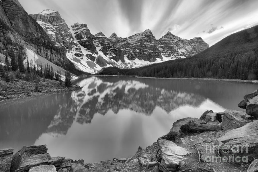 Sunset Stripes Over Moraine Lake Black And White Photograph by Adam Jewell