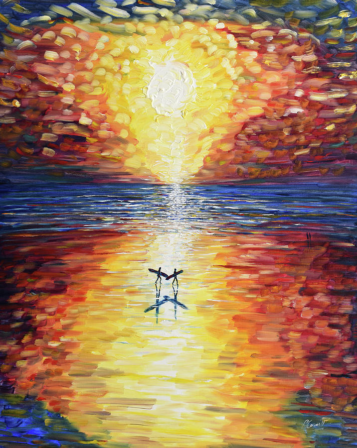 Sunset Surfers Painting by Pete Caswell