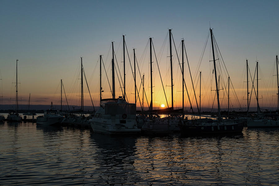 Sunset Through the Rigging - Syracuse Sicily Harbor Yachts Photograph by Georgia Mizuleva