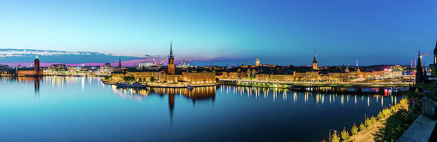 Sunset Photograph - Sunset to blue hour panorama over Gamla Stan in Stockholm by Dejan Kostic