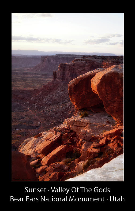 Sunset Tour Valley Of The Gods Utah Vertical 01 Text Black Photograph by Thomas Woolworth