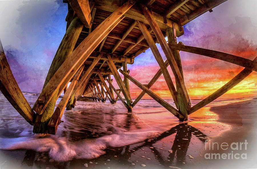 Sunset Under the Pier - Watercolor Digital Art by David Smith
