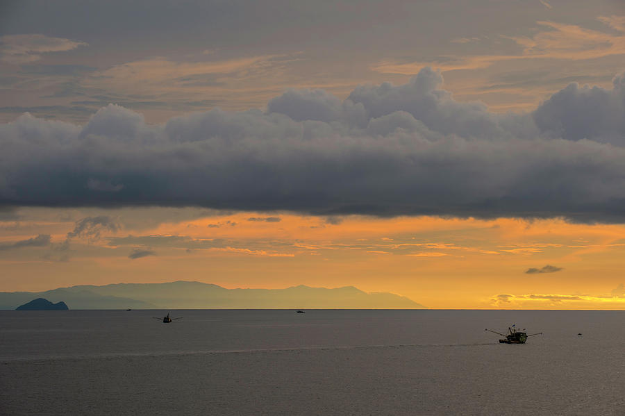Sunset with Fishing Boats at Sea Photograph by Judith Barath