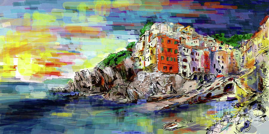 Sunsets over Riomaggiore Italy Digital Art by Ginette Callaway