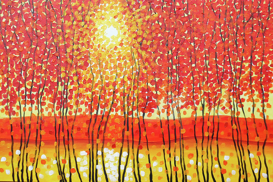 Sunshine through red trees Painting by Leon Zernitsky