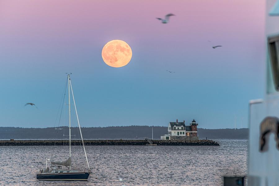 Lighthouse Photograph - Super Harvest Moon Over Rockland Breakwater by Tim Sullivan