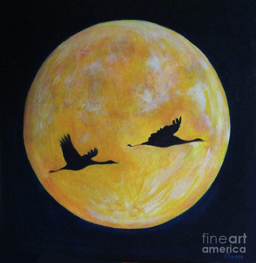 Super Moon- Cranes in Flight, Shanghai, China Painting by Anees Peterman