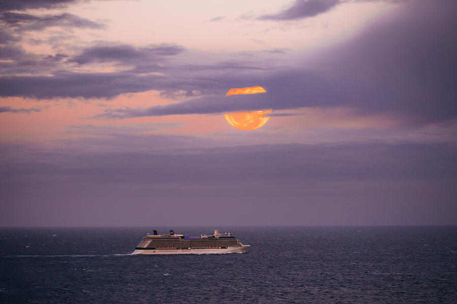 Boat Photograph - Super Moon Peers on a Passing Cruise Ship Below by Winston Stephenson Photography