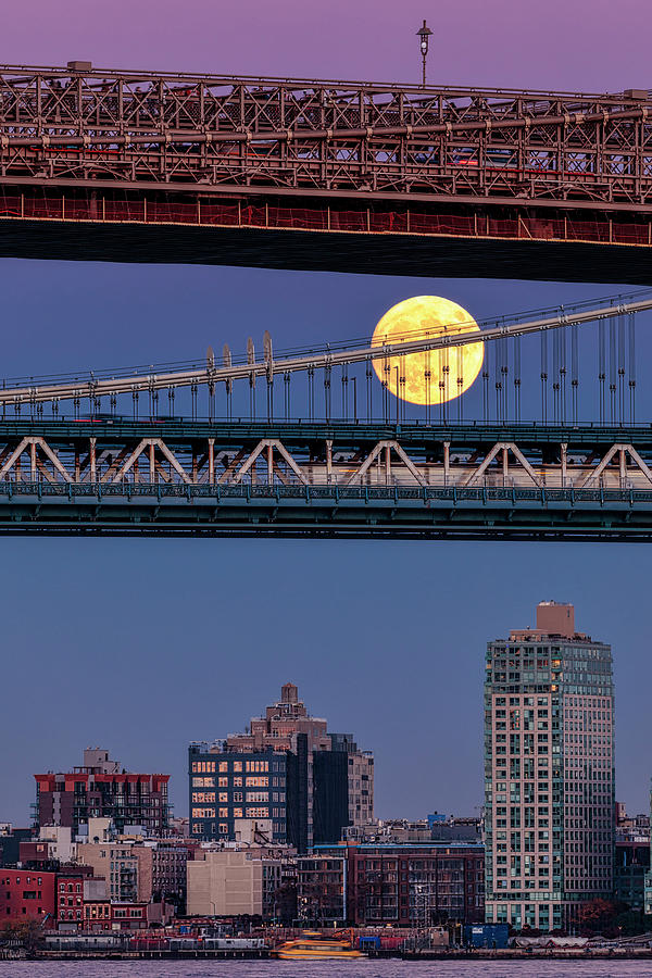 Super Moon, Manhattan and Brooklyn Bridges NYC Photograph by Susan Candelario