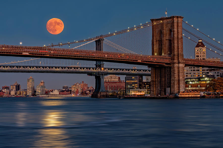 Super Moon Over Manhattan and Brooklyn Bridges NYC Photograph by Susan Candelario