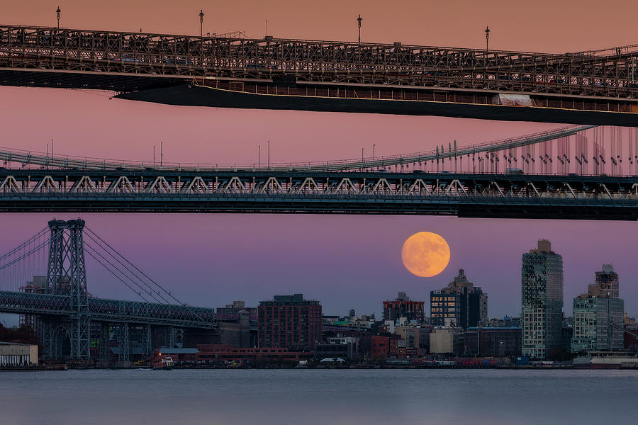 Super Moon Over Manhattan New York City NYC Bridges Photograph by Susan Candelario