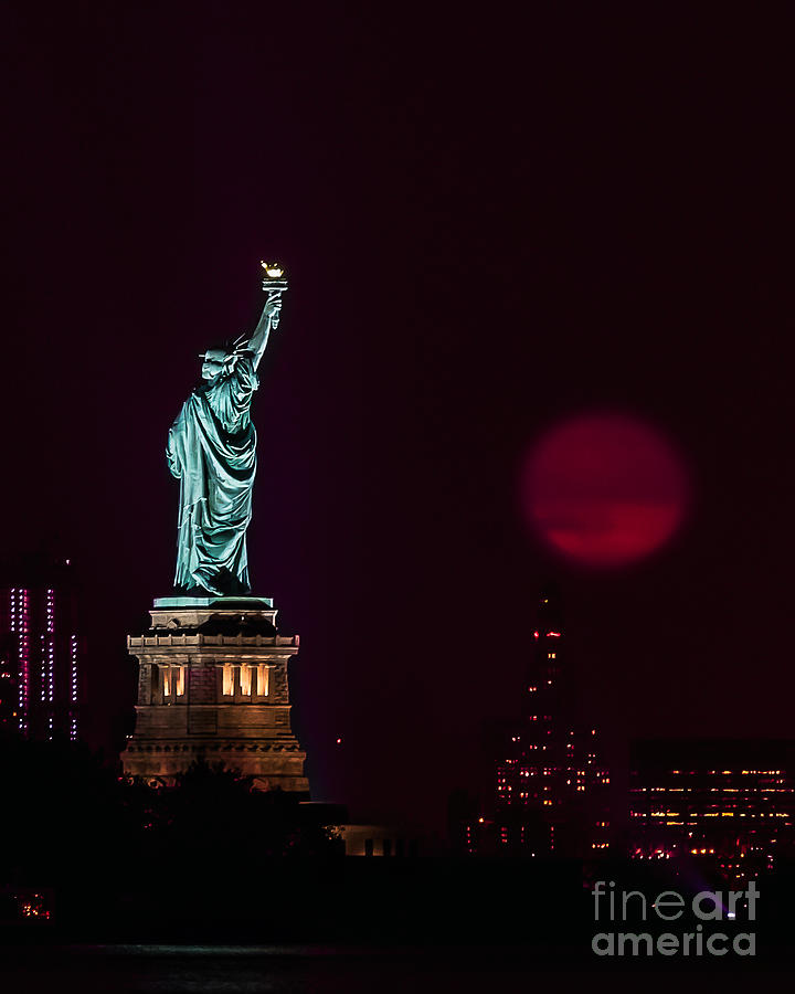 Super Moon Rising and the Statue of Liberty Photograph by Alissa Beth Photography
