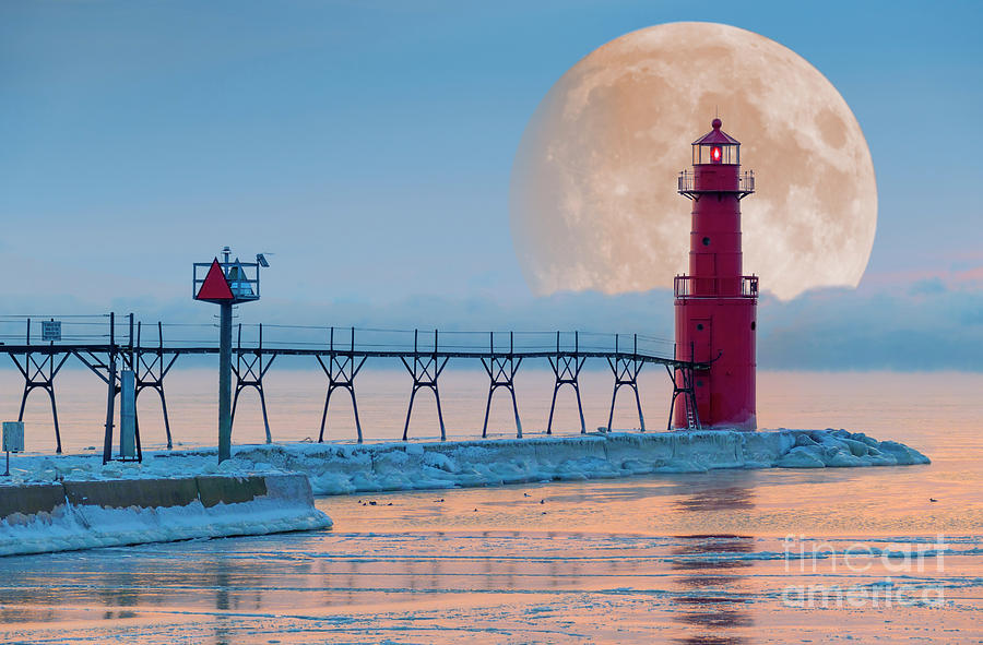 Winter Photograph - Super moon with Lighthouse by James Brey