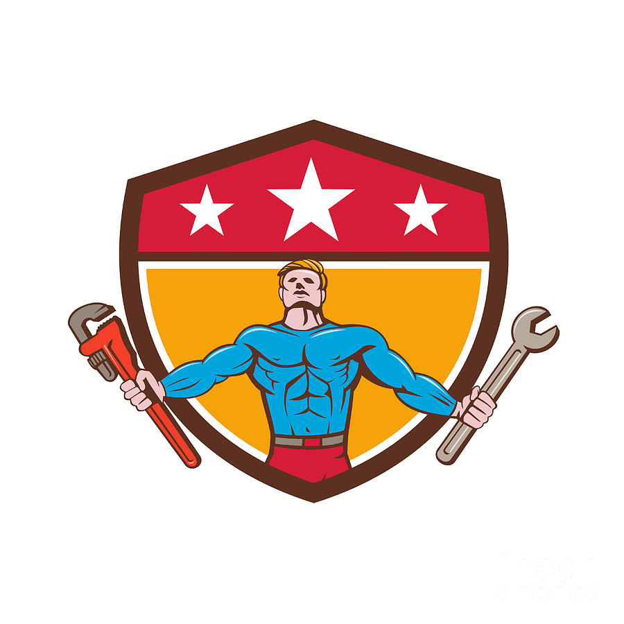 Superhero Digital Art - Superhero Handyman Spanner Wrench Shield Cartoon by Aloysius Patrimonio