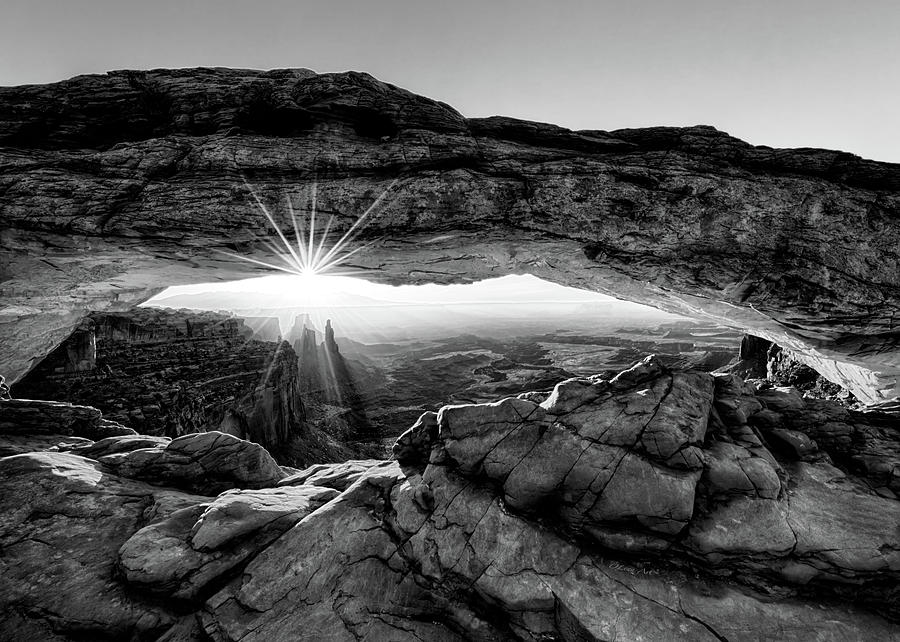 Supernatural West - Mesa Arch Sunburst in Black and White Digital Art by Lena Owens - OLena Art Vibrant Palette Knife and Graphic Design