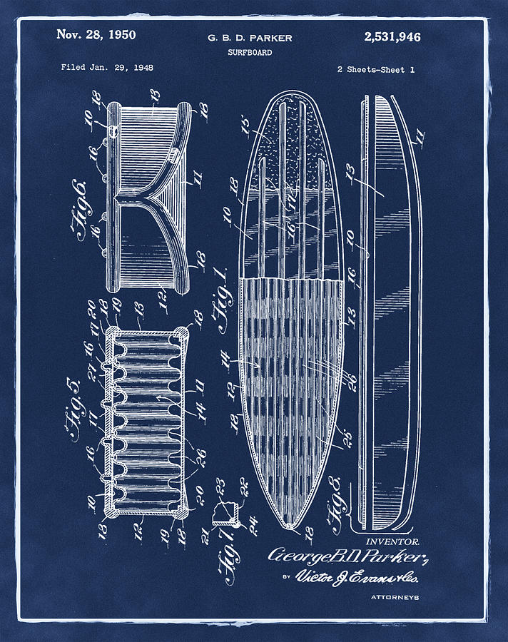 Surfboard Photograph - Surfboard patent 1950 Blue by Bill Cannon