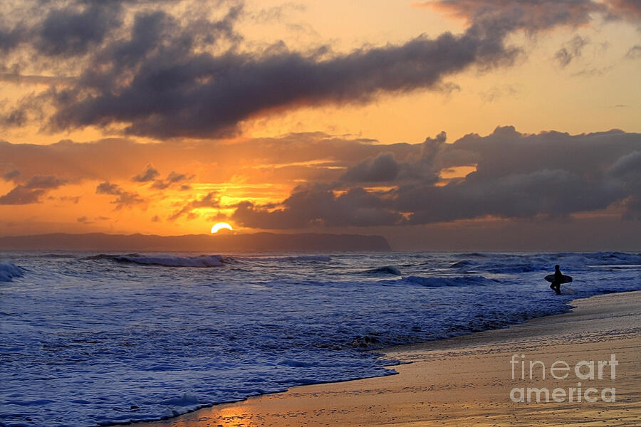 Surfer at Sunset on Kauai Beach With Niihau on Horizon Photograph by Catherine Sherman