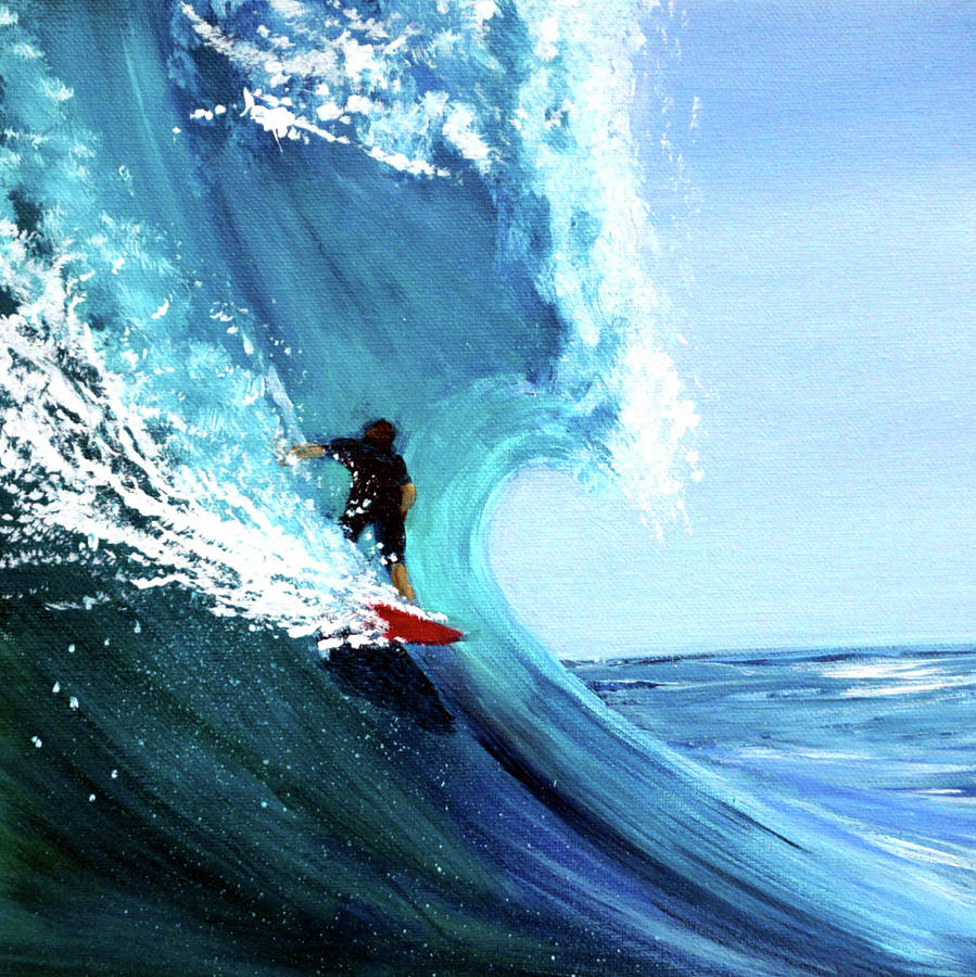 Sports Painting - Surfer on a red board by Katy Hawk