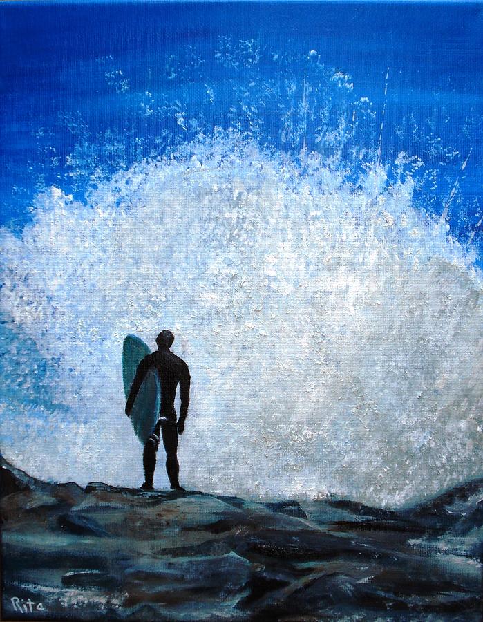 Surfer on Jetty Painting by Rita Tortorelli