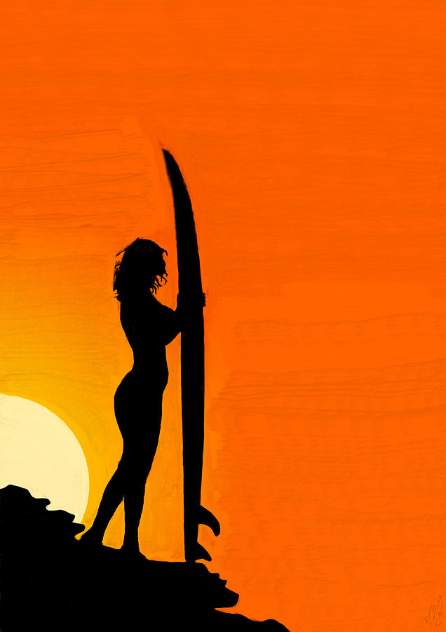 Surfer Silhouette at Sunset Painting by Bruce Nutting