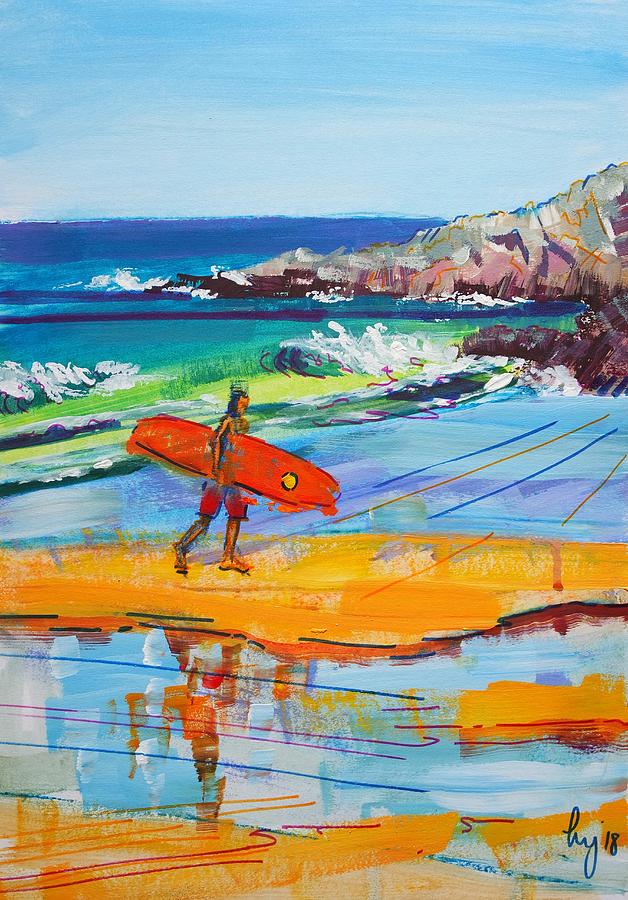 Surfer walking back up the beach at Fistral Beach in Cornwall Mixed Media by Mike Jory