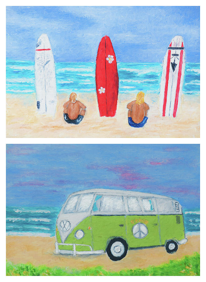 Surfers and Campervan Painting by Laura Richards