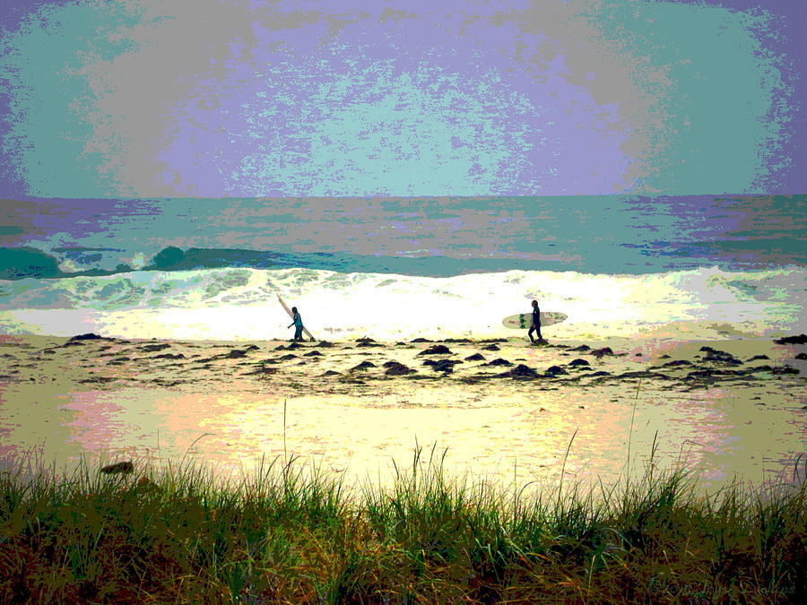 Surfers At Asilomar State Beach Watercolor Digital Art by Joyce Dickens