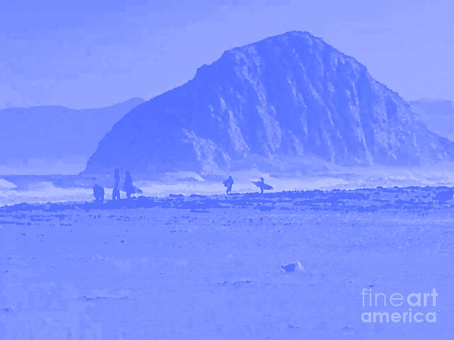 Surfers on Morro rock beach in blue Painting by Vintage Collectables