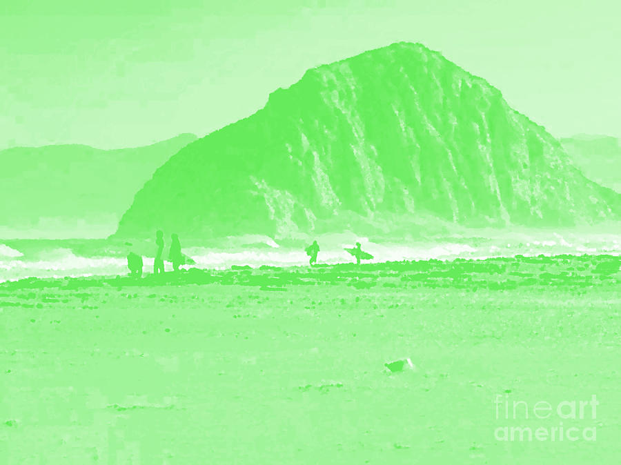 Surfers on Morro rock beach in green Painting by Vintage Collectables