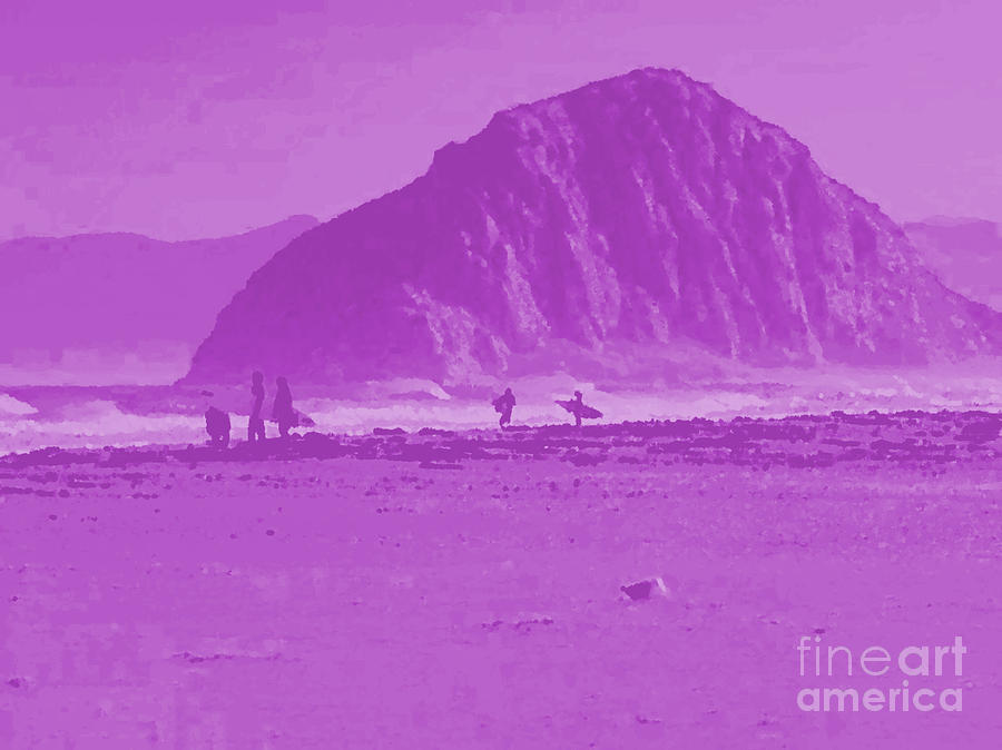 Surfers on Morro rock beach in purple Painting by Vintage Collectables