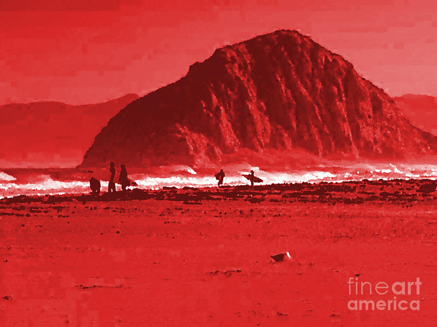 Surfers on Morro rock beach in red Painting by Vintage Collectables