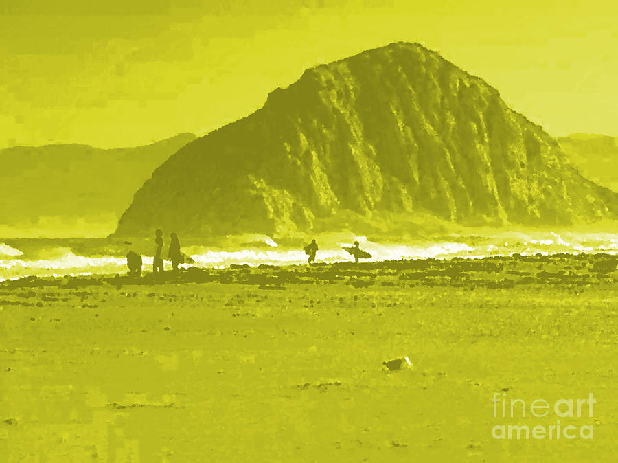 Surfers on Morro rock beach in yellow Painting by Vintage Collectables