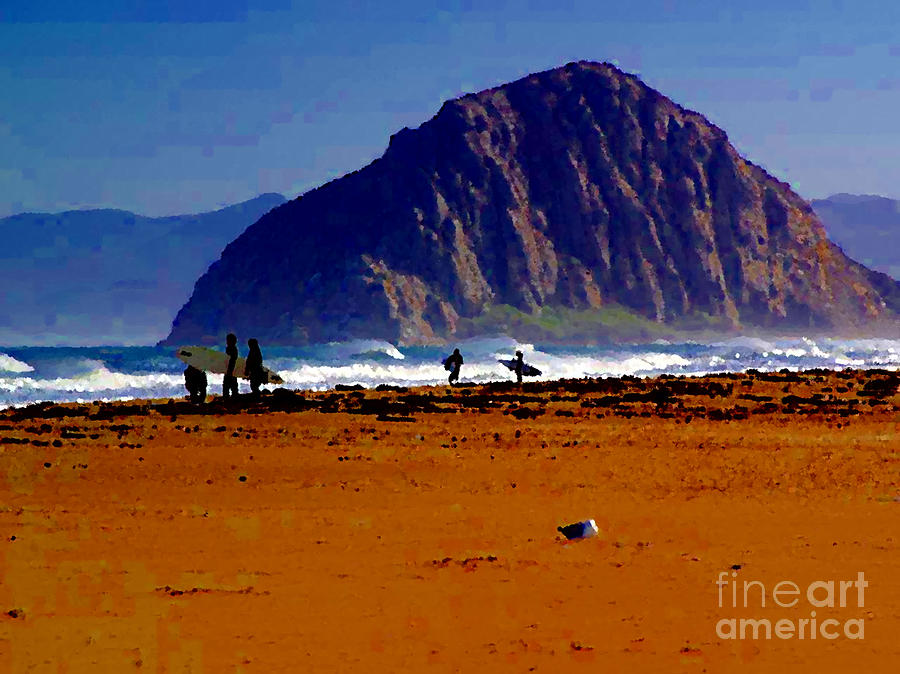 Surfers on Morro rock beach Painting by Vintage Collectables
