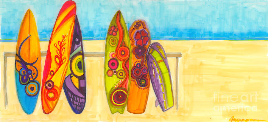 Surfing Buddies - Surf boards at the Beach illustration Painting by Patricia Awapara