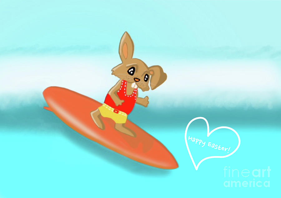 Easter Bunny on a Surfboard Surfing  Digital Art by Barefoot Bodeez Art
