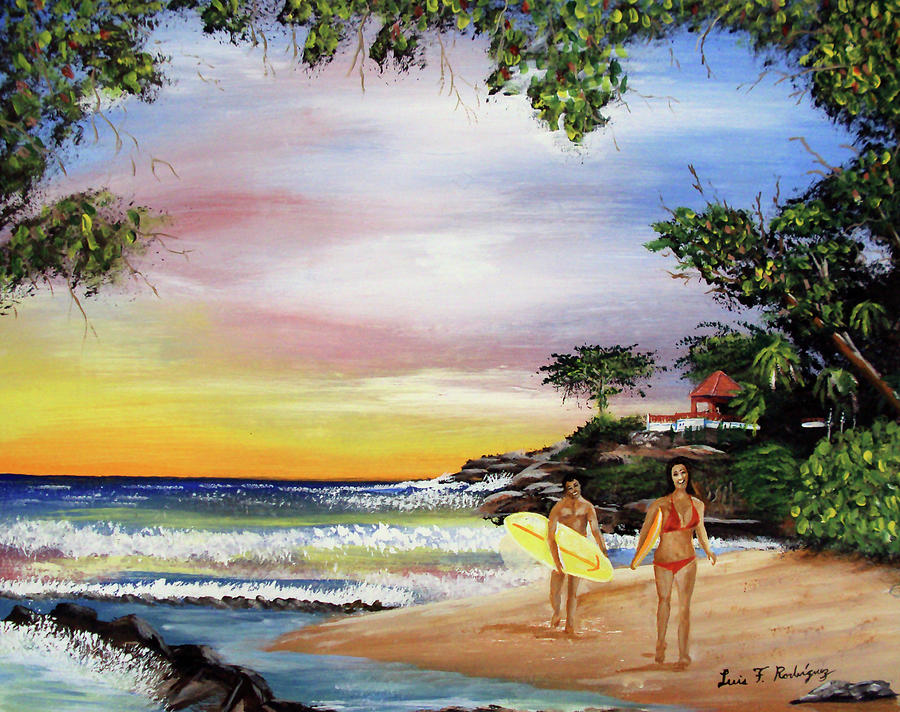Sunset Painting - Surfing In Rincon by Luis F Rodriguez