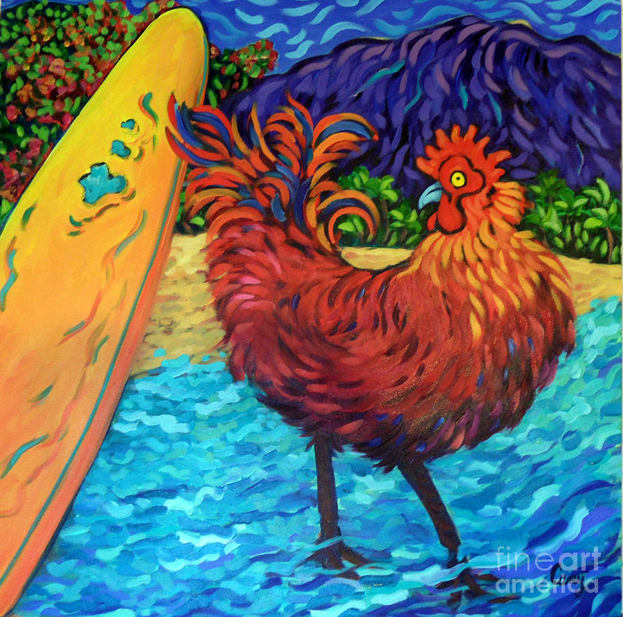 Surfing Rooster Painting by Cathy Carey