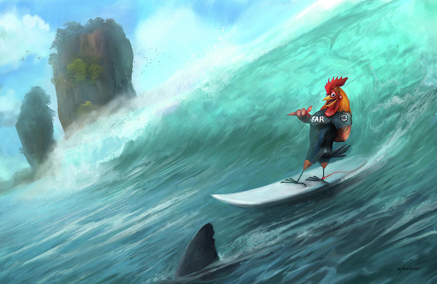 Surfing Rooster Digital Art by Steve Goad