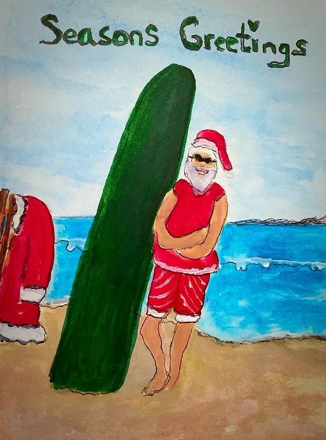 Surfing Santa Painting by Anne Sands