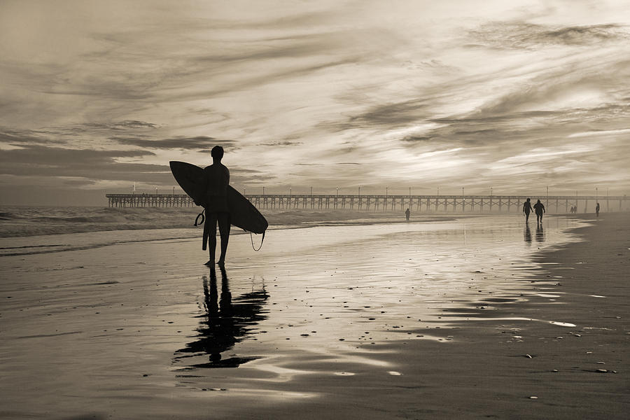 Sunset Photograph - Surfing the Shadows of Light Sepia by Betsy Knapp