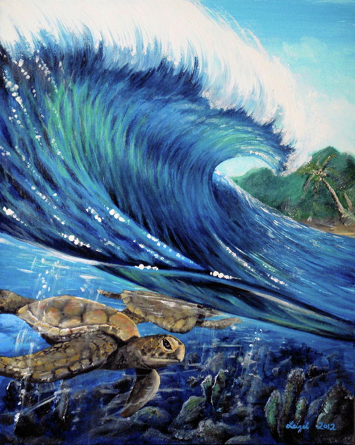 Surfing Turtle Painting by Leizel Grant