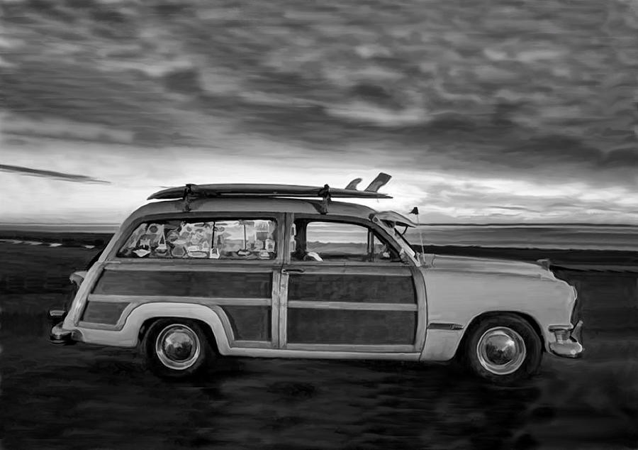 Sunset Photograph - Surfing Woodie Stationwagon Black and White by Sandi OReilly