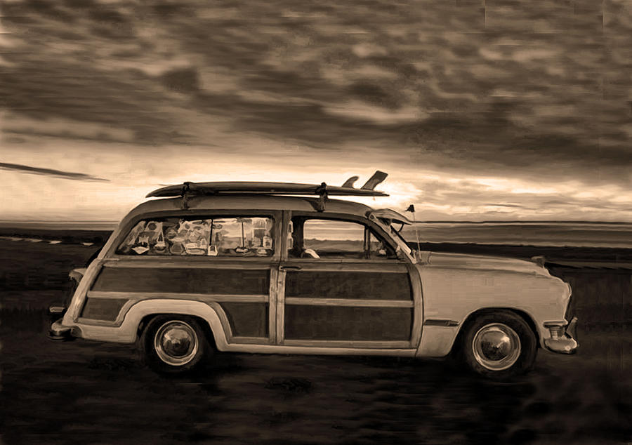 Surfing Woodie Stationwagon Sepia Photograph by Sandi OReilly