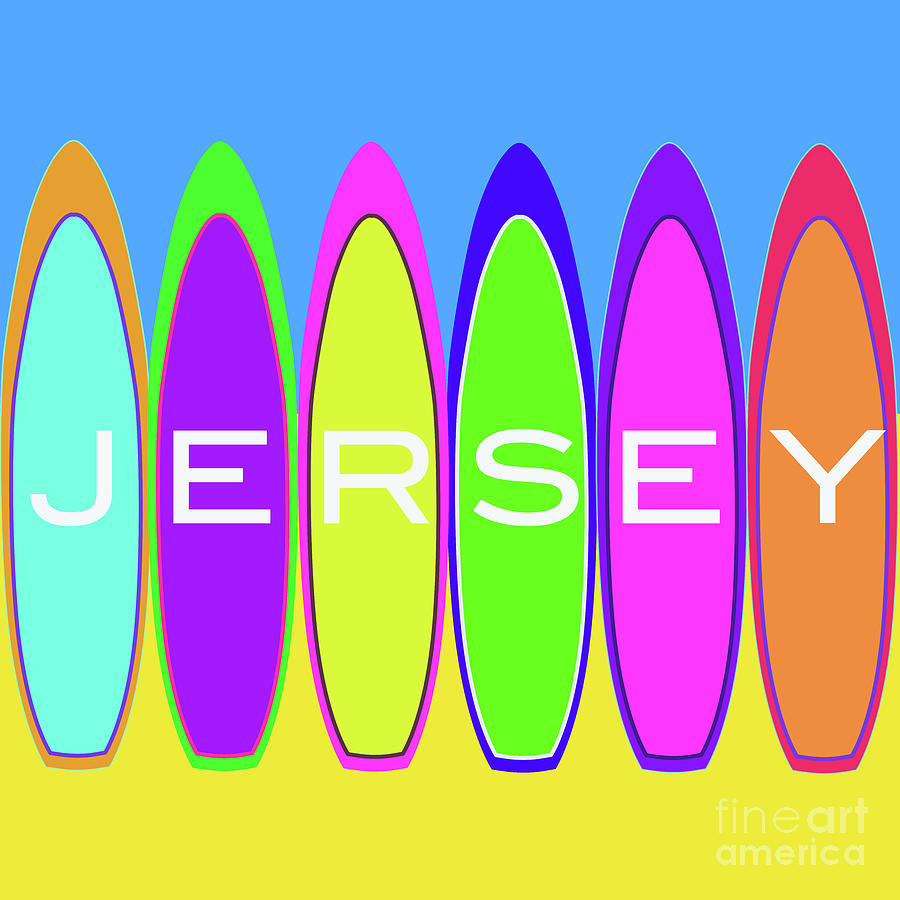 Jersey Text on Surfboards on the Beach Digital Art by Barefoot Bodeez Art